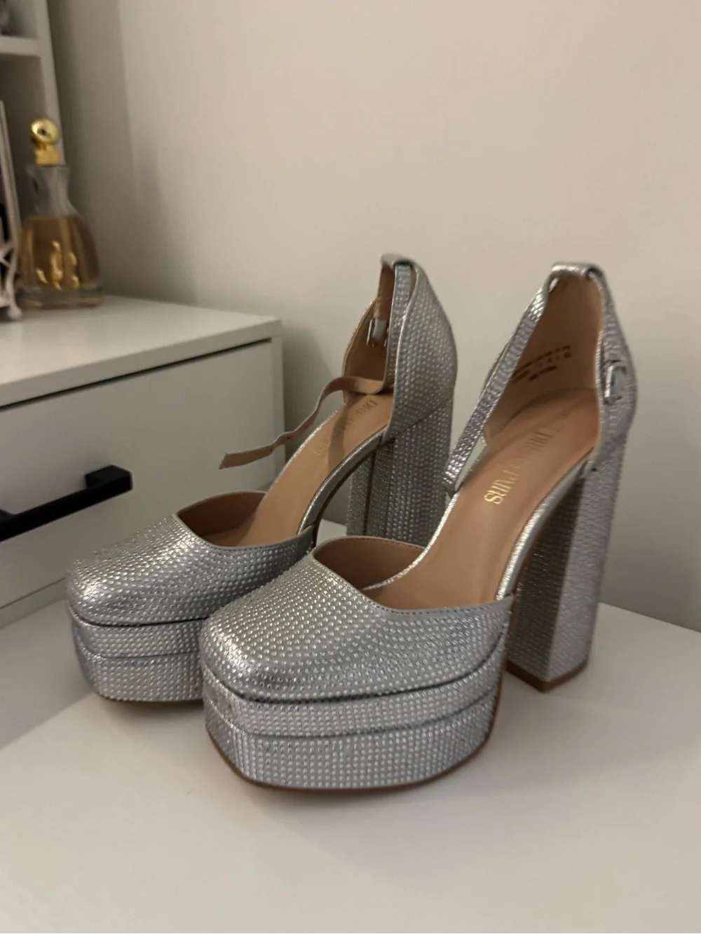 Dream Pairs Silver Crystal Platform Heels with Ankle Strap - Size 8